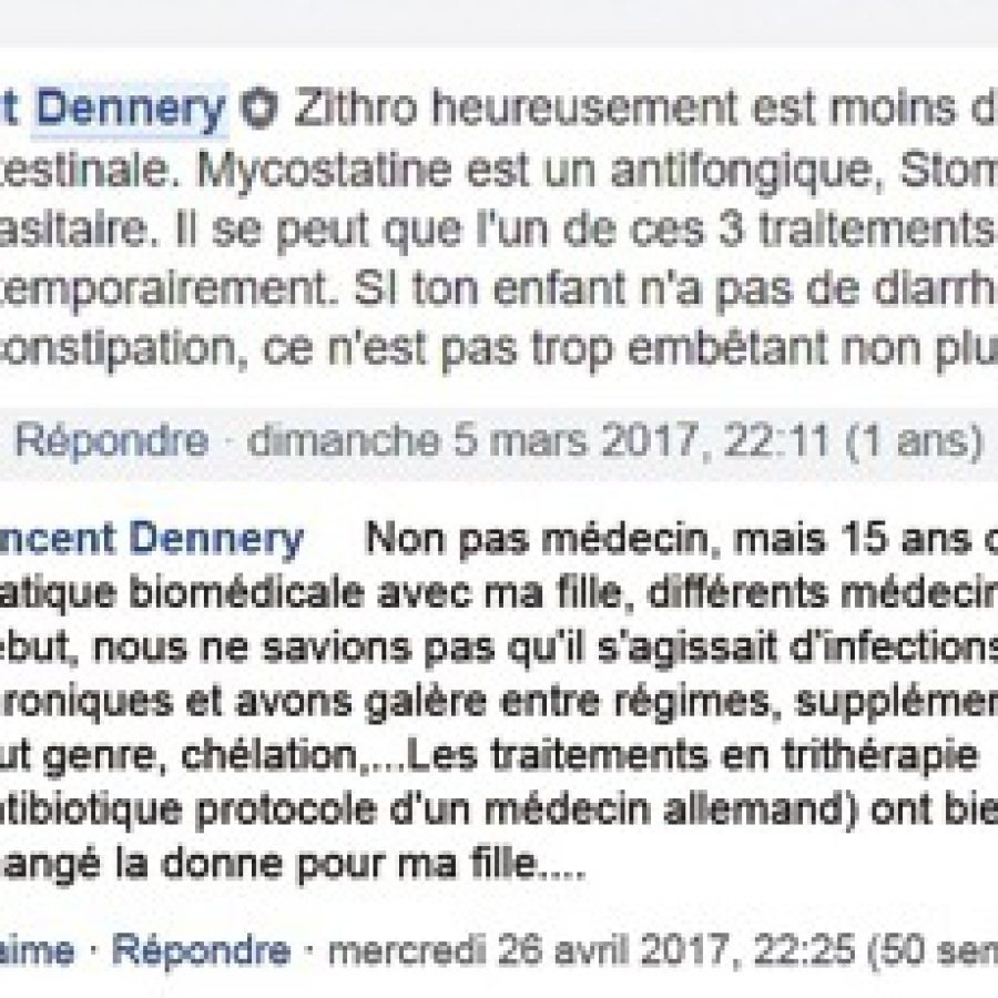 Sur un groupe Facebook « Biomed », un parent conseille antibiotique, antifongique et antiparasitaire à une autre famille, 2017