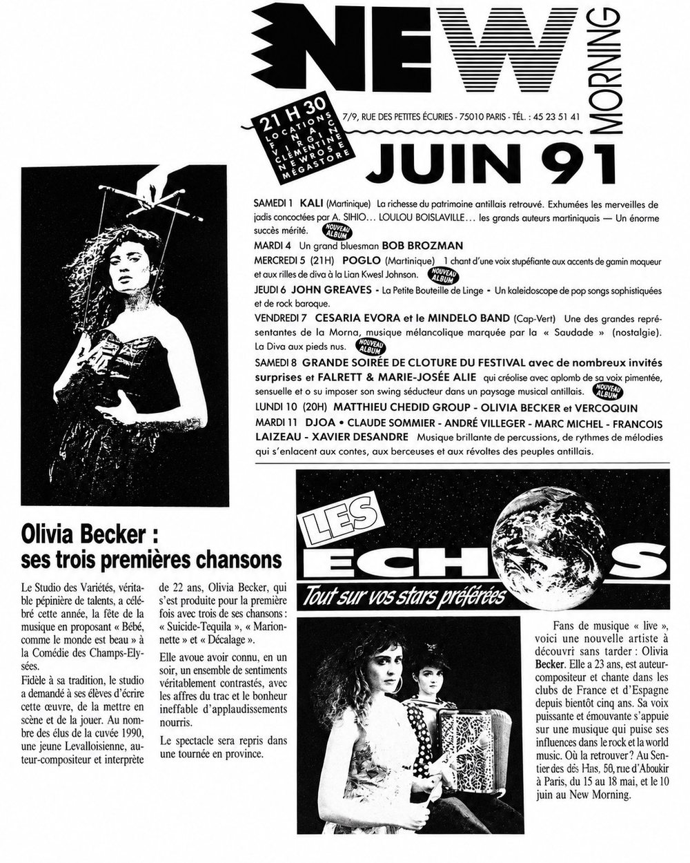Programme du New Morning, juin 1991, et coupures de presse